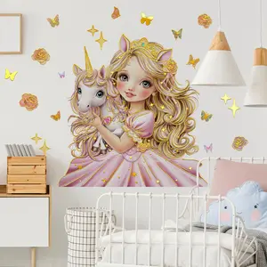 Set of 2 Hand-Painted Unicorn Wall Stickers 30*90cm, Gold Foil Cute Princess Bedroom Decor, Self-Adhesive Home Decor for Girls, Wall Art Stickers