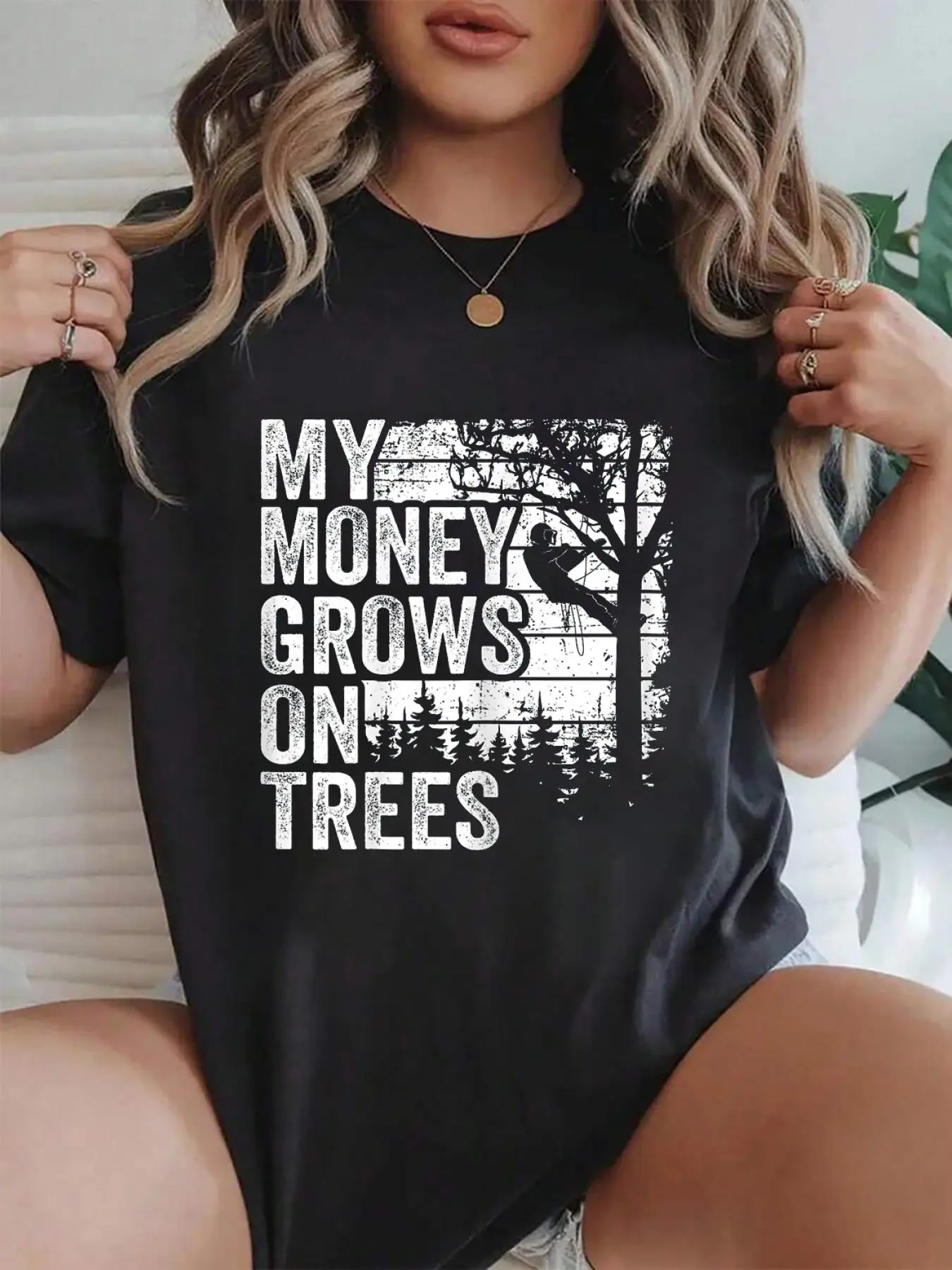 100% cotton Arborist Mens Tree Climber Vintage My Money Grows On Trees T-Shirt Women Graphic T-Shirt Cotton Print short Sleeve Casual Top, Summer Tee Womens Tops