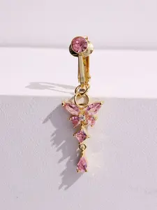 A navel ring with pink butterfly style fake piercing women's jewelry