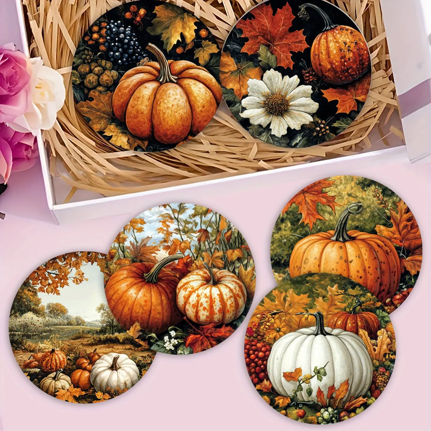 6 autumn vintage pumpkin patterned wooden coasters, Round Coaster, coffee coasters suitable for home and restaurant decoration, suitable for various occasions, holiday gifts, table decoration, picnic decoration, party decoration，no gift box included