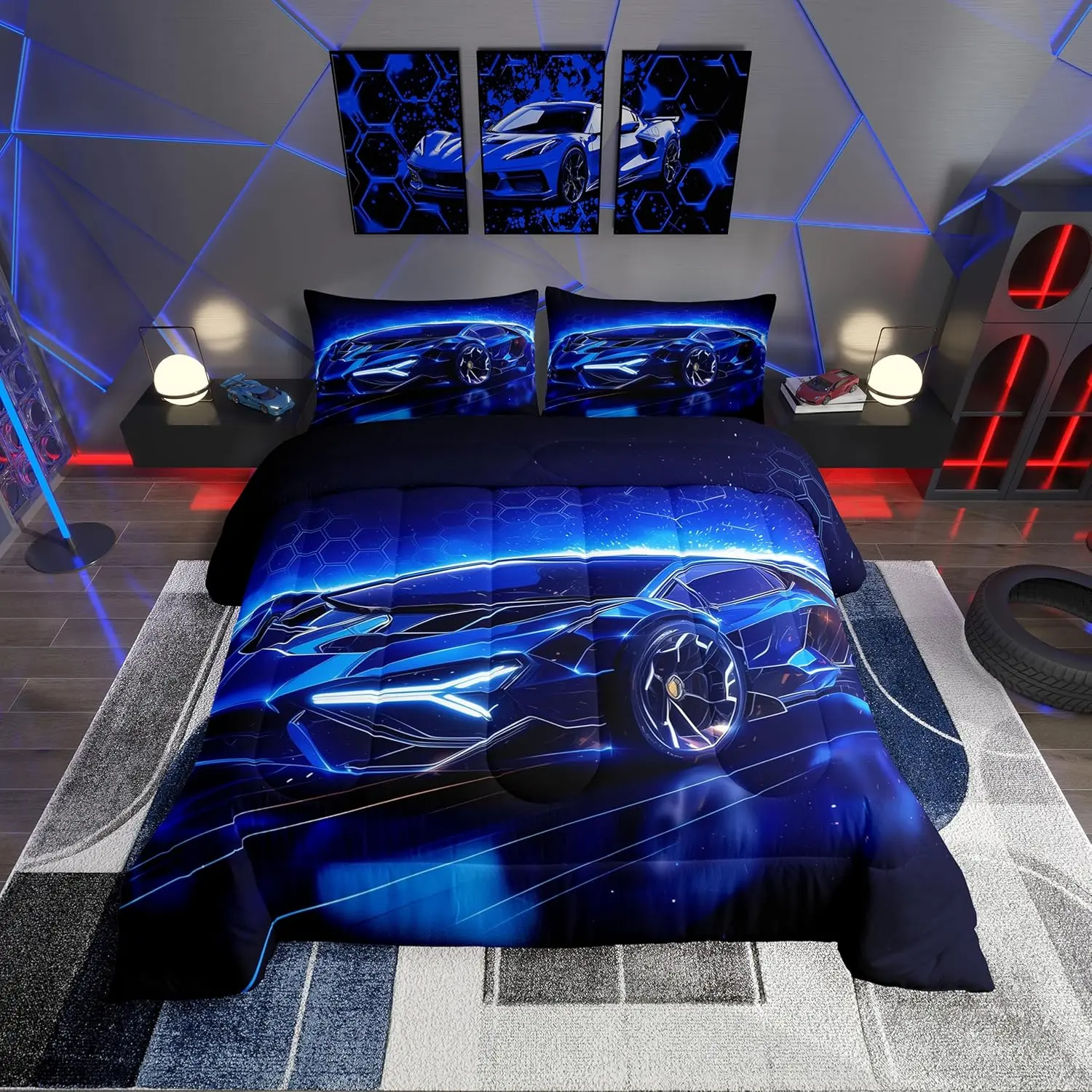 Sports Car Designer Comforter Set,Blue Race Car Comforter for Room Decor,Extreme Sports Theme Luxury Bedding Set,Cool Speed Luxury Car Decor Quilt Set, Bedroom Bedding Set, Decorative Bedding Set