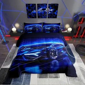 Sports Car Designer Comforter Set,Blue Race Car Comforter for Room Decor,Extreme Sports Theme Luxury Bedding Set,Cool Speed Luxury Car Decor Quilt Set, Bedroom Bedding Set, Decorative Bedding Set