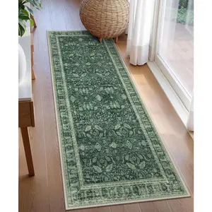 Vintage 2x6 Green Washable Kitchen Runner Rug, Soft Rug Runners for Hallways Non Slip for Entryway Indoor, Floral Faux Wool Printed Carpet Runner for Bathroom Laundry (2x6ft,Green)