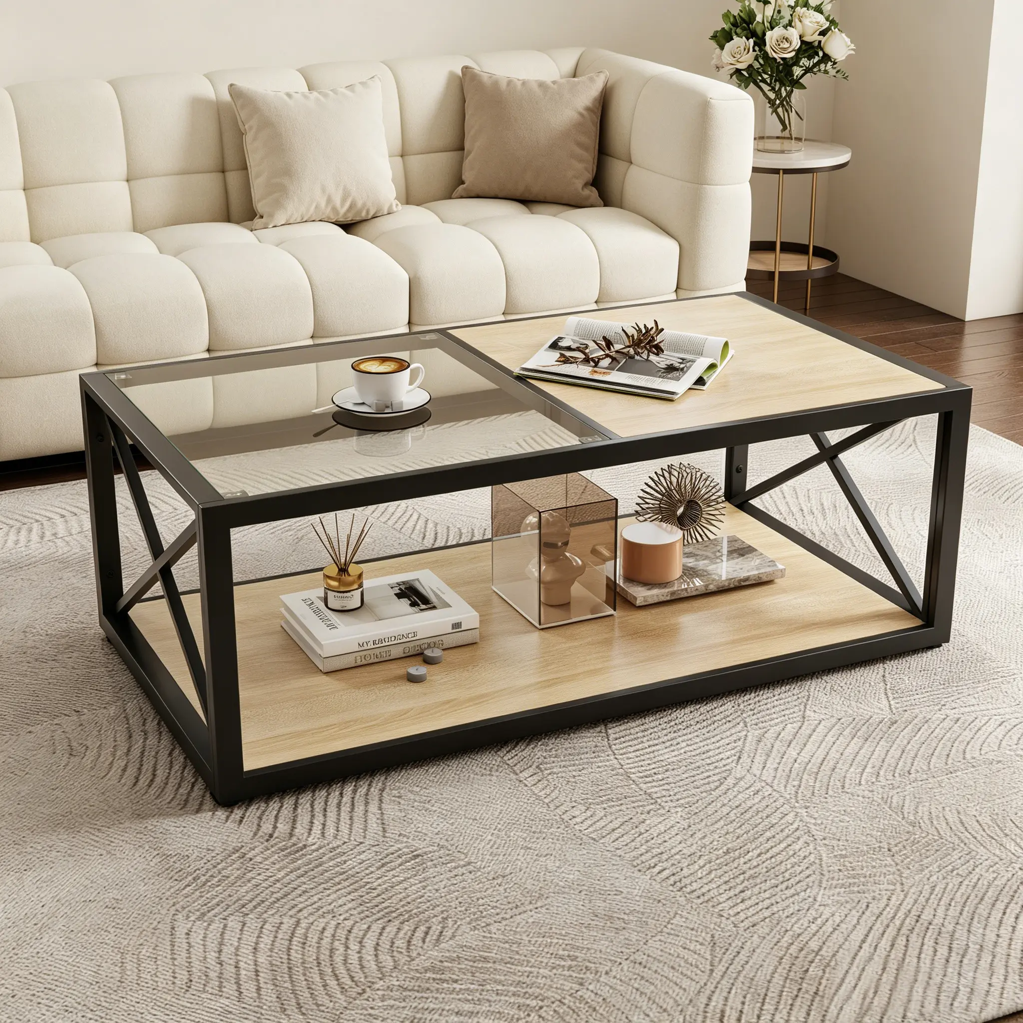 Half Glass Half Wood Coffee Table For Living Room & Bedroom, Industrial Modern Metal Legs Center Table With Open Storage Space, Natural Wood, Contemporary Coffee Table, Small Drink Table