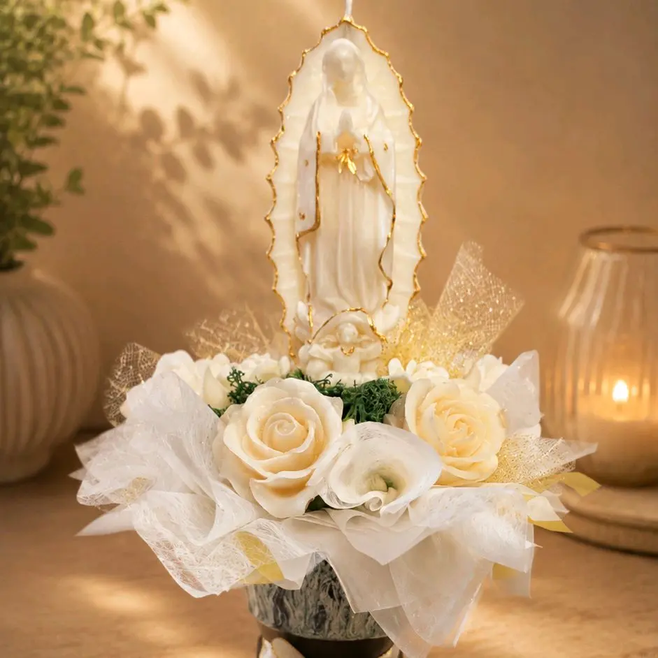 Handmade Virgin of Guadalupe Candle Bouquet | Luxury Religious Gift | Cinnamon Vanilla Scent | Hand-Painted Gold Details | Handmade Ceramic Base