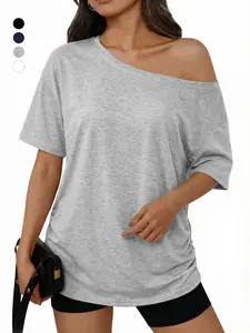 Lazy Vibe Asymmetrical Off-The-Shoulder Oversized Short Sleeve T-Shirt, Multi-Color Y2K Loungewear, Casual Fitted Design, All Seasons