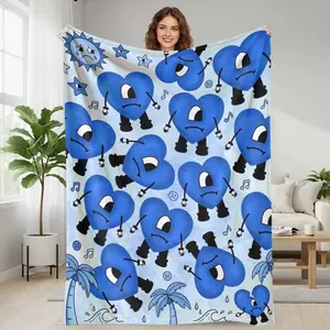 Blue Heart Cartoon Flannel Blanket Sad Love Art Pattern with Cute Emotional Characters and Tropical Elements Soft Warm Cozy Lightweight Throw for Bedroom Living Room Sofa Office Travel Gift Use