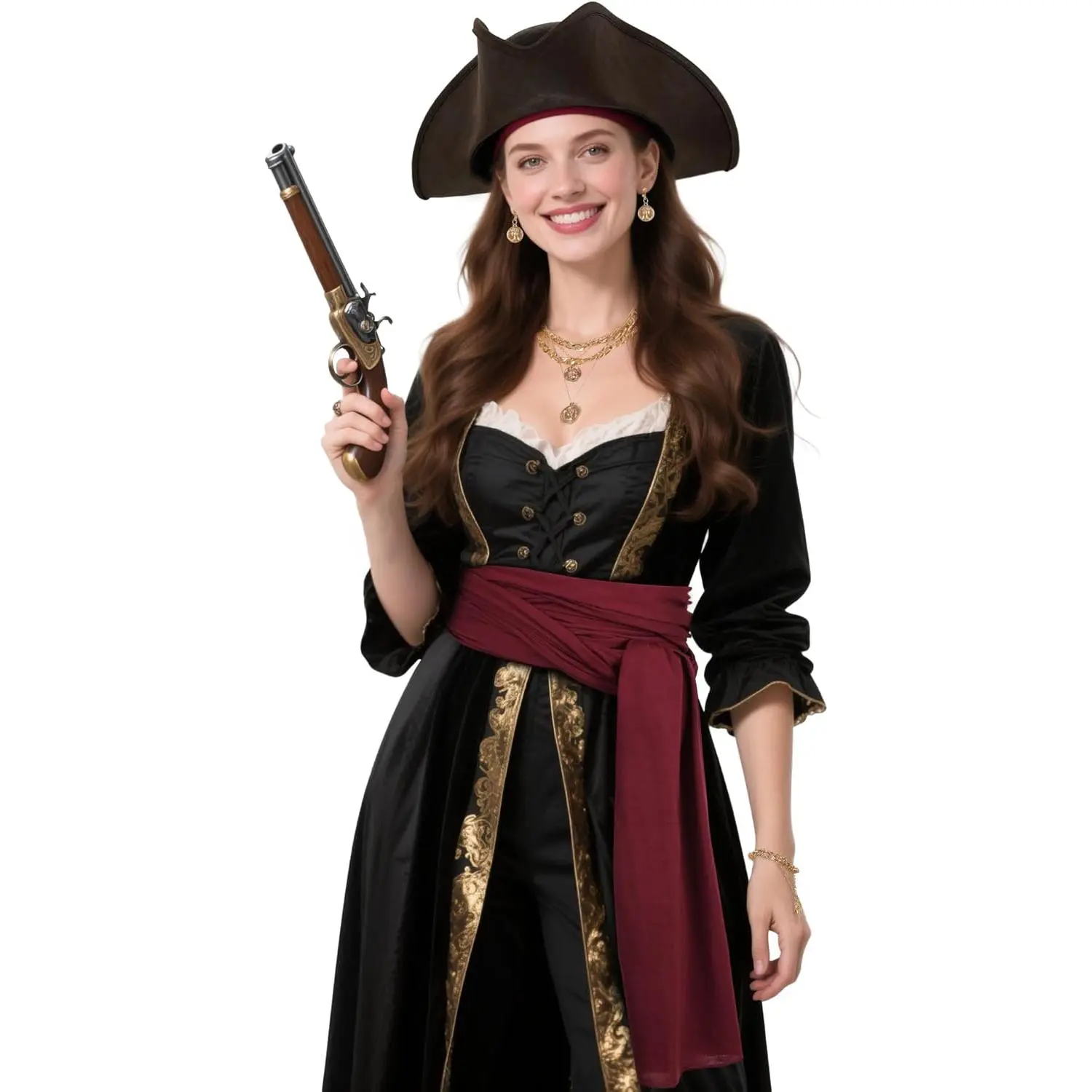 Women's Sturdy Woven Colonial Tricorn Pirate Hat - 23.5 Inches Lacy Design, Halloween Costume Accessory, Hand Wash Only
