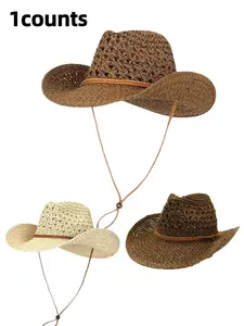 Bohemian Beach Sun Hat, Handwoven Fashion Western Cowboy Straw Hat, UV Protection Windproof Casual Hiking Cap, Street Hollow Out Geometric Pattern Travel Hat, Casual Outdoor Hat