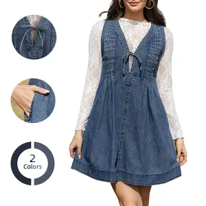 Chicovar Women's Oversized Vintage Denim Mini Dress, Sleeveless V-Neck Tie Front Ruffle Layered A-Line Tunic with Pockets & Front Pleats, Casual Outfit