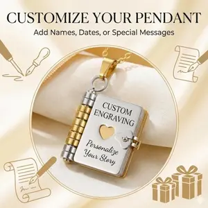 AS290 Personalized Book Necklace  Custom Engraved Stainless Steel Pendant  Openable Message Locket Gift for Her/Him