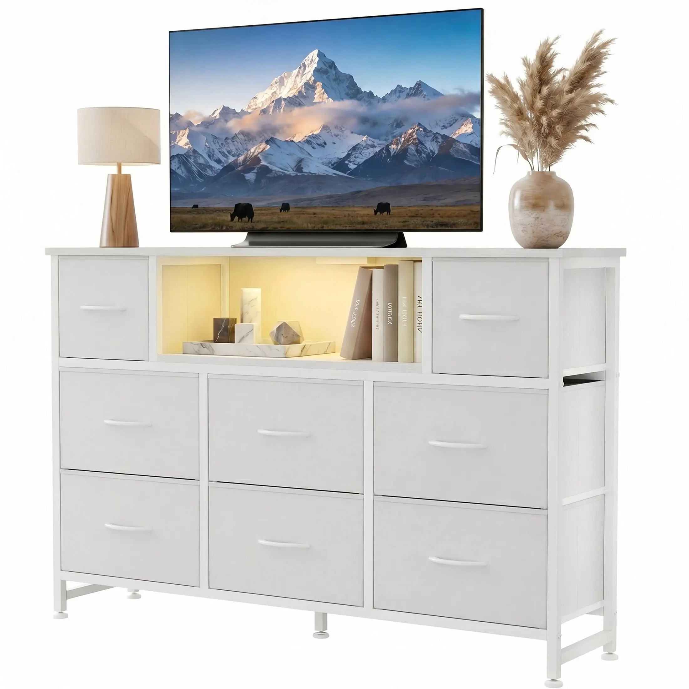 TV Cabinet Stand - Entertainment TV Stand with 8 Fabric Drawers, Power Outlet, LED Lights, USB & Type-C Ports, Storage Dresser for Living Room