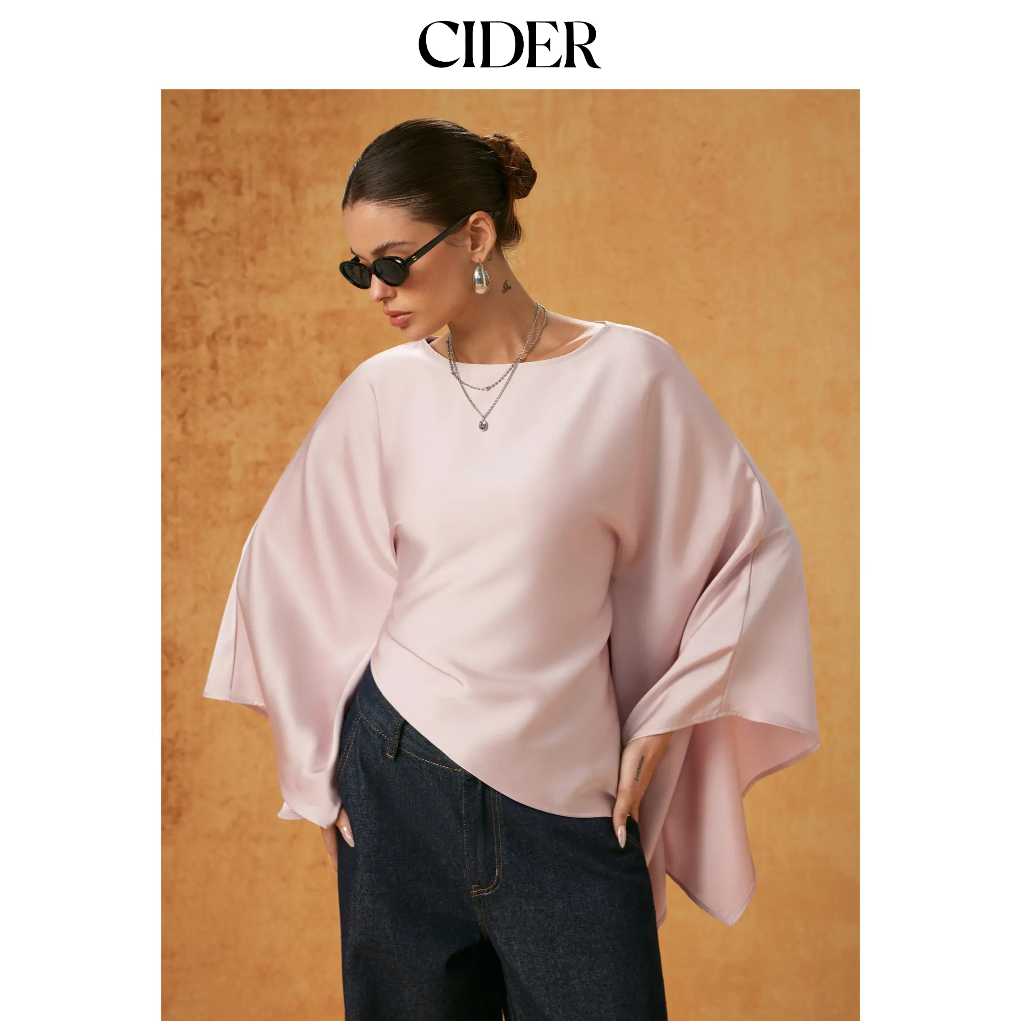 Cider Satin Boat Neck Bell Sleeve Asymmetrical Blouse