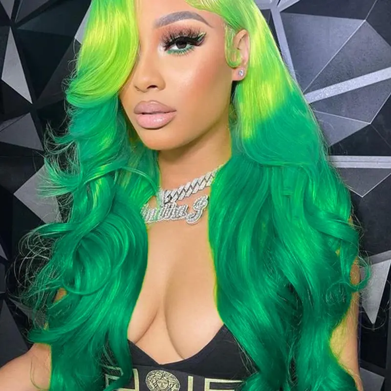 26 Inch Ombre Green Long Wavy Wigs for Women, Gorgeous Fluffy Wigs with Baby Hair, Synthetic Lace Front Wigs for Party, Daily Use, Body Wave Wig, Daily Wear Wig, Synthetic Material Wigs