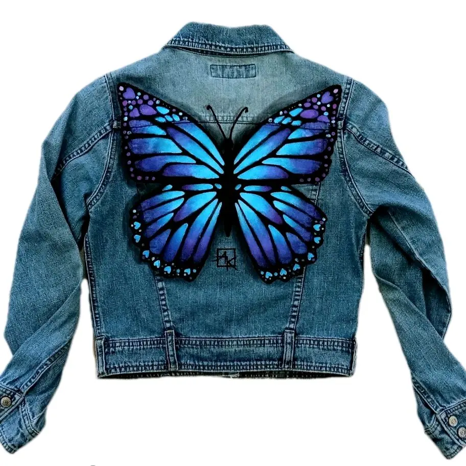 Hand Painted Custom Design Denim Jacket Blue Purple Glitter Monarch Butterfly Art Colorful Unique XS Comfortable Fit