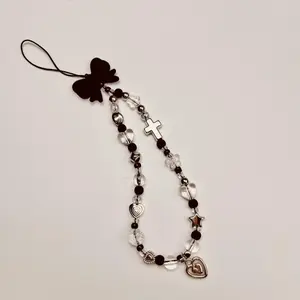 Handmade Black Heart-shaped Pendant Mobile Phone Lanyard With Cross Pendant And Beaded Design - Fashionable Camera Accessories, Durable Plastic Material, Unique Hand-made Touch, Camera Pendant Belt | Chic Accessories | Unique Pendant