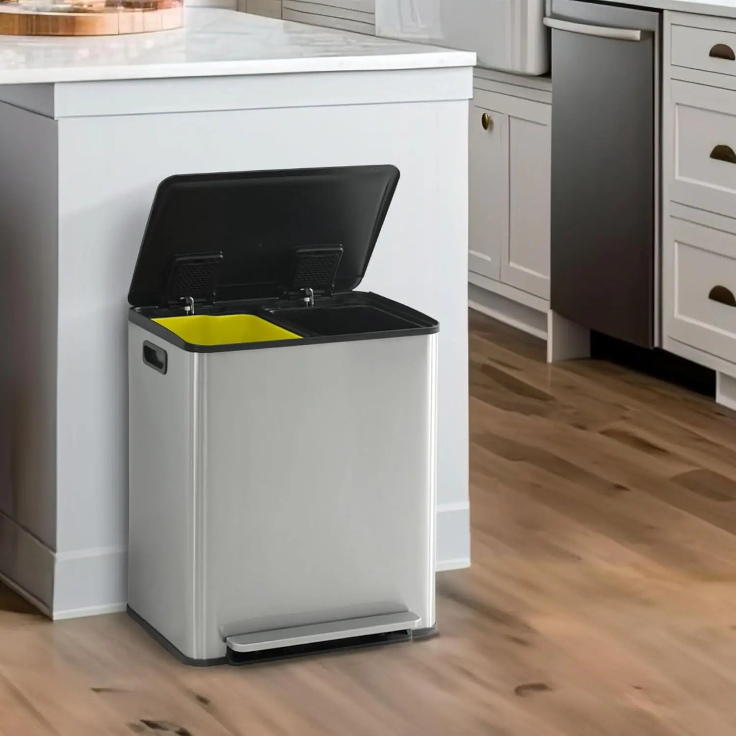 CAPHAUS Dual Trash Can with Single Lid/ Double Lids, Trash and Recycling Bins Combo for Kitchen, Hands-Free Stainless-Steel Garbage Can with 2 Compartment, Hinged Lid, Odor Filter, Handles, 25L+25L, 2 x 6.6 Gallon