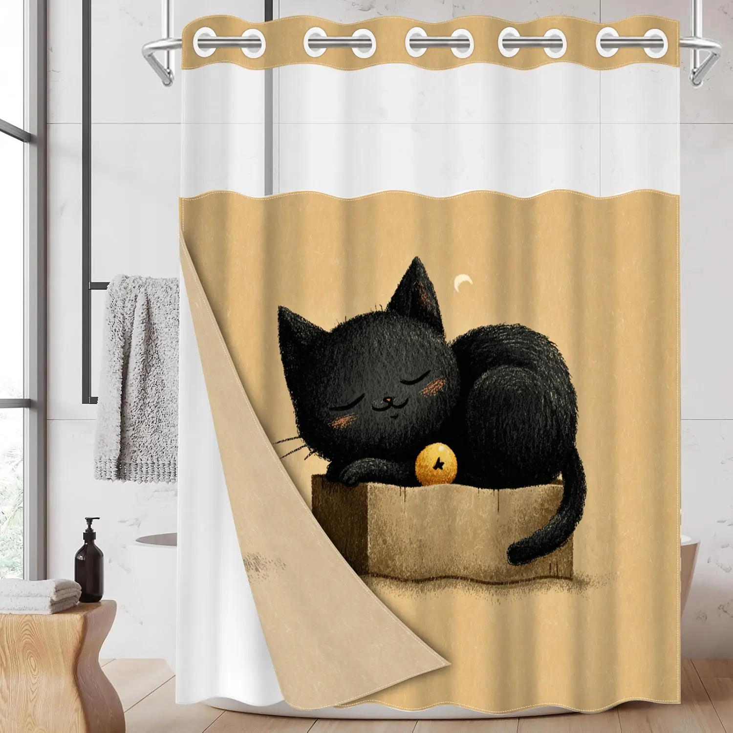 1pc hookless shower curtain with hook, Shower Curtain Liner, fabric waterproof inner lining double-layer shower curtain with transparent window, 71 x 74 inches, modern home decoration, Whimsical Shower Curtain
