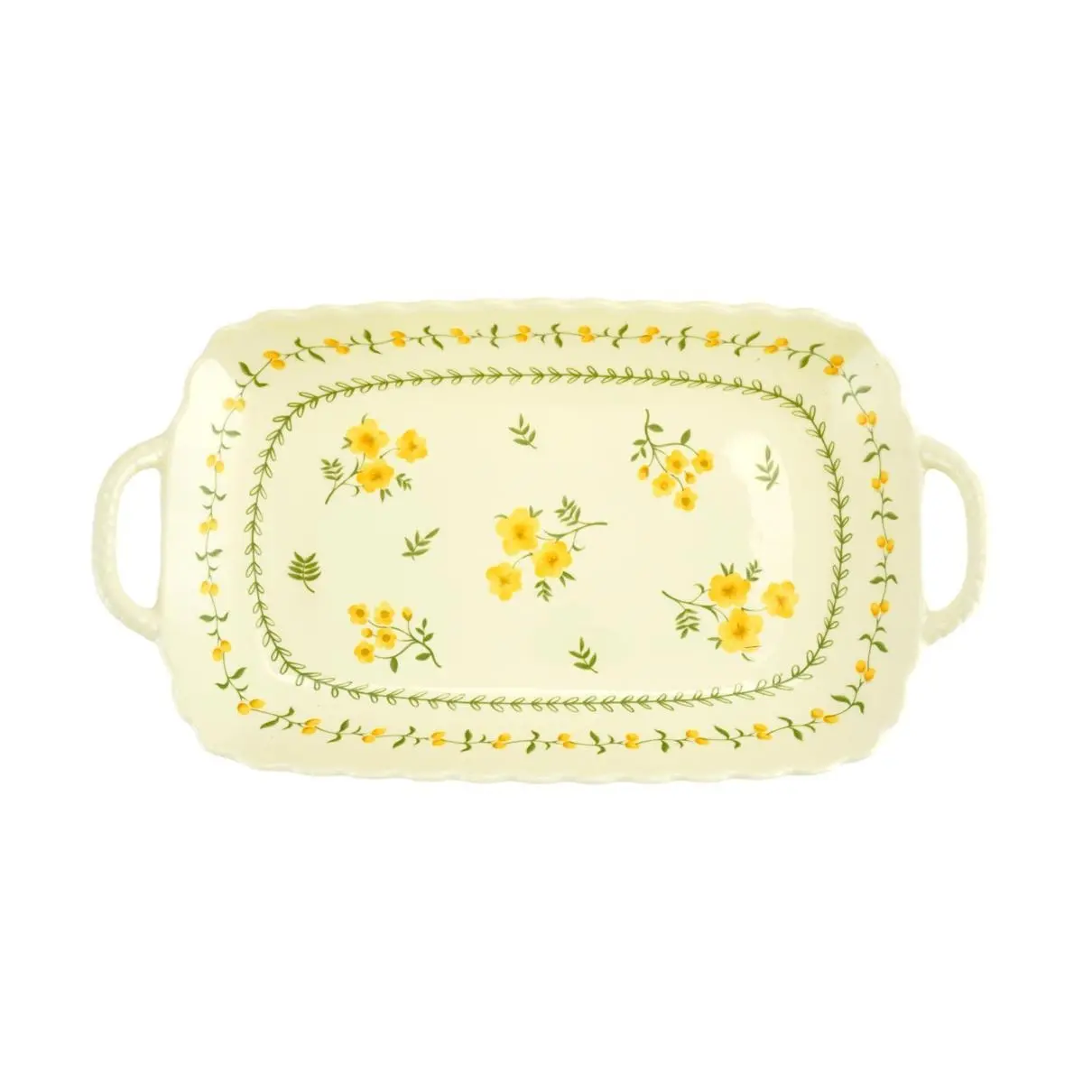 Golden Lion Japanese Style Ceramic Serving Platter - 30.5cm Rectangular Dish with Handles, Rustic Yellow Glaze, Spring Floral Design, Ideal for Appetizers, Desserts, Sushi