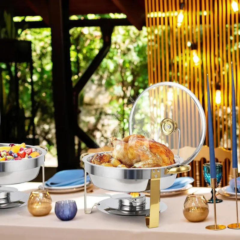 【Christmas Gift】Chafing Dish Buffet Set 2 Pack 5QT, Stainless Steel Round Chafing Dishes for Buffet with Lid Holder & Glass Lid, Buffet Servers and Warmers for Parties, Wedding, Camping, Dinner, Gold Bakeware Tray