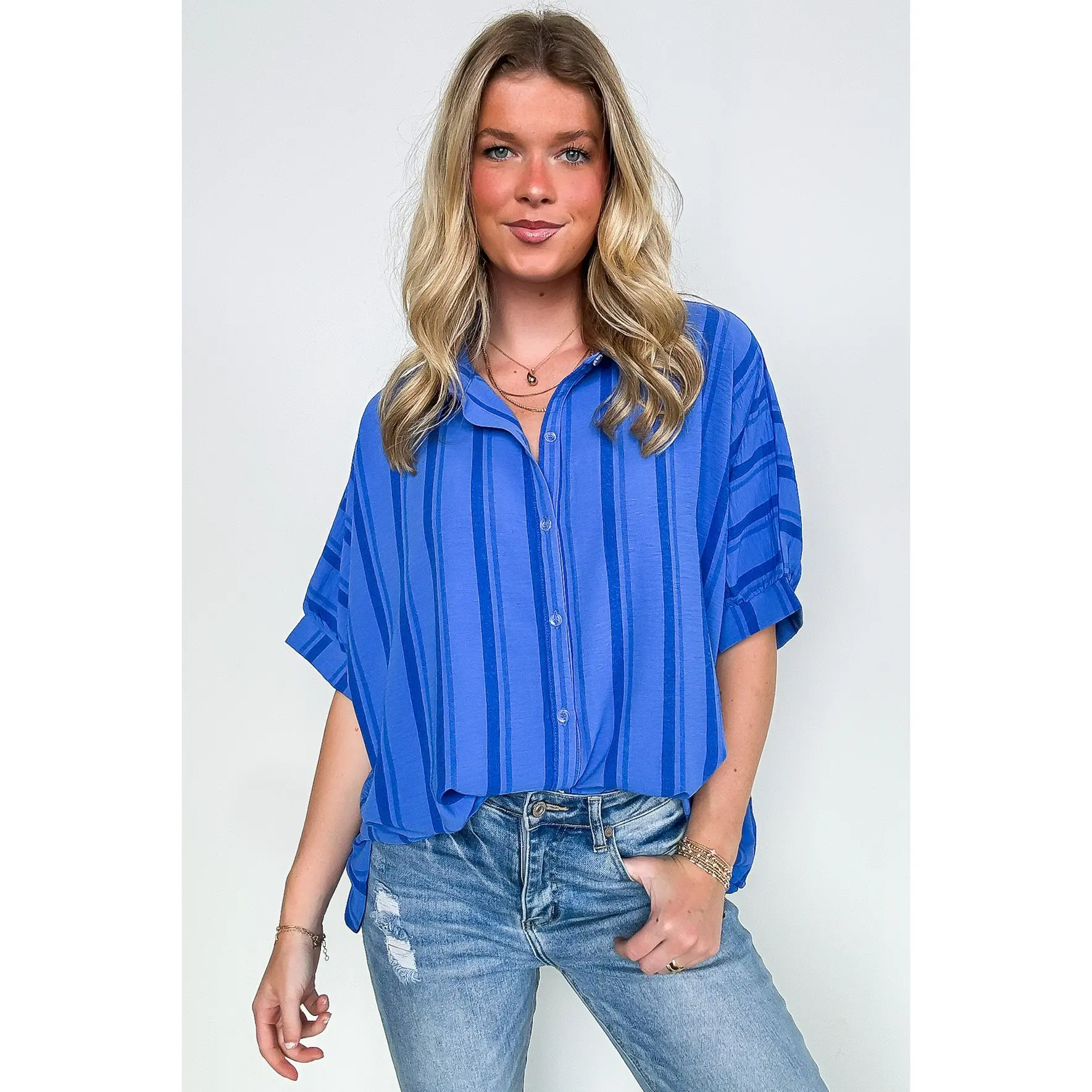 Mirina Oversized Striped Button Down Top - BACK IN STOCK Short Blouses