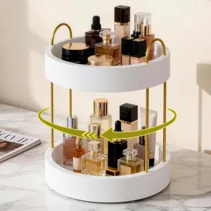 360 Rotating Makeup Organizer, 2 Tier Wood Counter Organizers and, Large Capacity Spinning Perfume & Skincare Organizer, Sink Countertop Shelf (White Gold)
