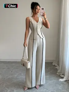Colorblock V-Neck Sleeveless Vest Set with Wide Leg Pants, Spring & Fall Fashion, Slim Fit, Plain Pattern, Natural Waist