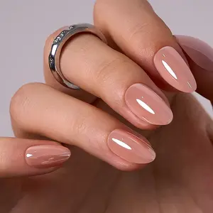 CurvLife Pink Opal Gleam Press-On Nails – Glossy Nude Pink Almond Shape, Sheer Jelly Shine, Elegant Everyday Minimal Style, Reusable Salon-Quality Finish