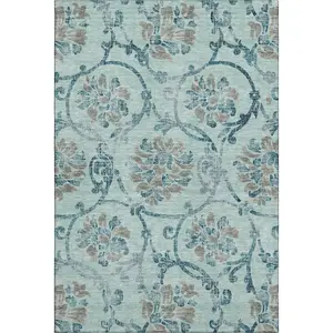 HomeRoots 664006 8 x 10 ft. Teal & Gray Floral Traditional Washable Machine Made Rectangle Area Rug with UV Protection