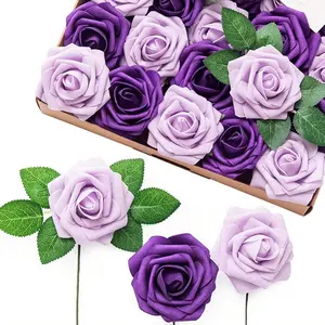 29pcs (25pcs of Roses And 4pcs of Leaves) Lilac Purple Foam Roses with Stems - Fake Rose Flowers Suitable for Wedding Bouquets, Bridal Shower Centerpieces, Party Table Decorations, Home Floral Decor