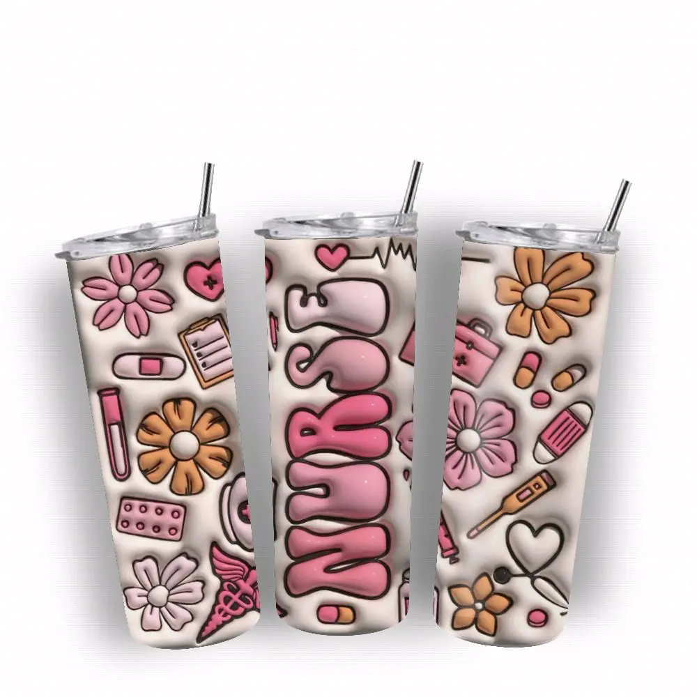 Nurse 20oz Tumbler 3D Puff Effect Insulated Travel Mug Water Bottle Drinkware Flasks with Floral and Medical Icons Design Portable Stylish