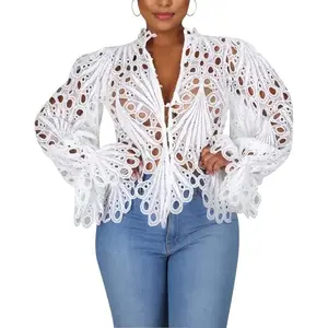 Womens Sexy Lace Long Sleeve Ruffled Tops Cute Puff Flare Blouses V Neck Hollow Out Button Down Shirt Tunic