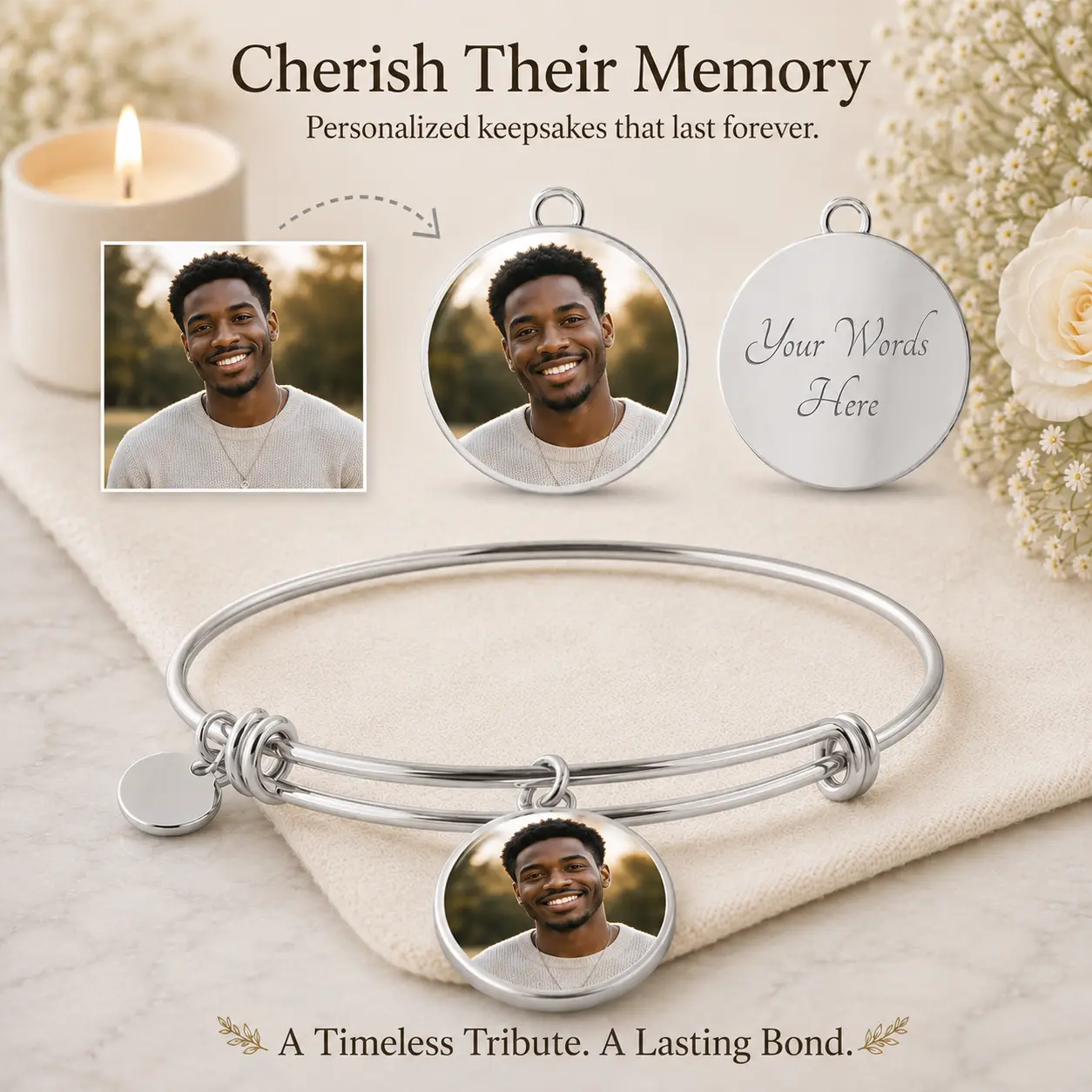 Personalized Memory Photo Charm Bracelet w/ Custom Engraved Message