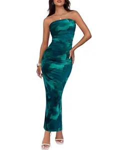 BTFBM Women's Floral Maxi Dresses Summer 2026 Strapless Tube Bodycon Mesh Layered Cocktail Party Wedding Guest Dress