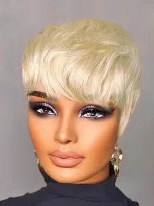 613 Blonde Human Hair Short Wig with Bangs Layered Pixie Cut Machine Made for Woman Halloween Pixie Wigs