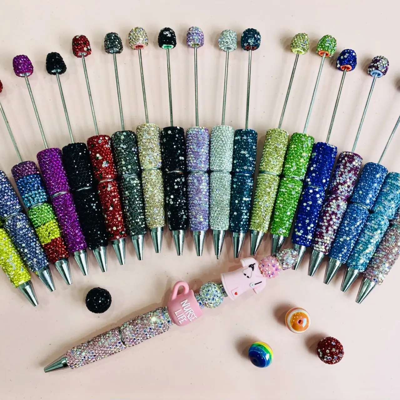 Kingward 7-Piece Aesthetic Full-Body Rhinestone Beadable Pens, Metal Specialty Ballpoint Pen Set for DIY Projects, Assorted Colors, Rhinestone Ballpoint Pen, Specialty Pen