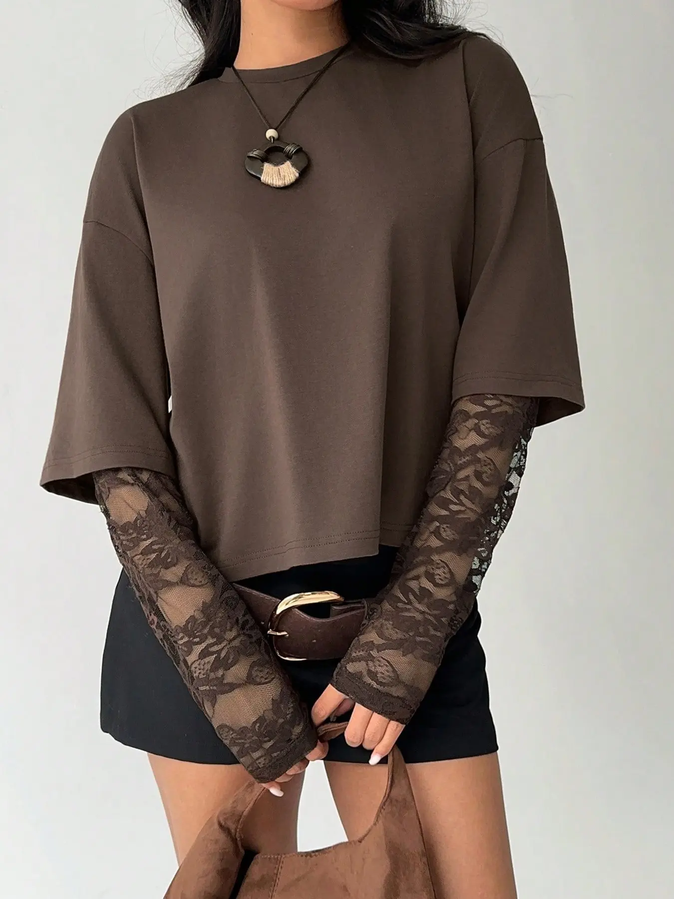 Women's Two-Layer Long Sleeve Top Shirts, Boho Casual Top, Crew Neck, Drop Shoulder Half Sleeve Outer Layer, Sheer Floral Lace Inner Sleeve, Cropped Length, Soft Stretchy Knit Fabric, Casual Daily & Street Style Wear, Feminine Style, Womenswear