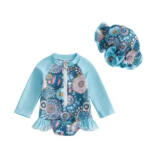 Infant Baby Swimsuit Girl Long Sleeve UPF 50+ Sun Protection  Rash Guard with Hat Zipper Bathing Suit