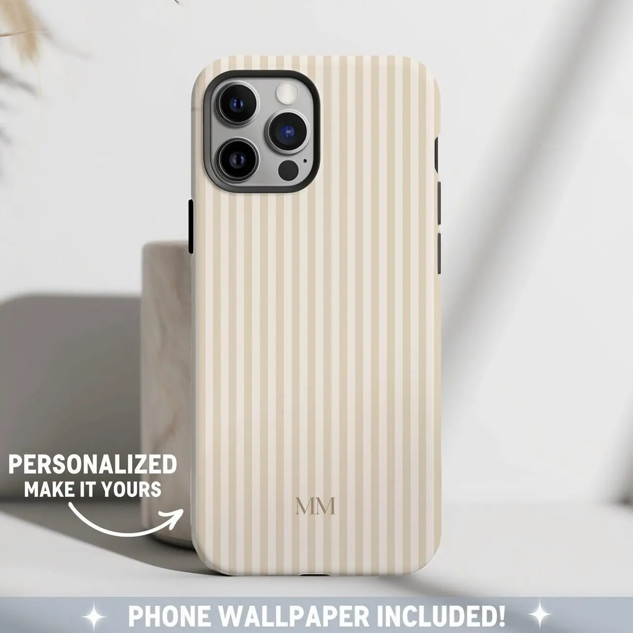 Magsafe Personalized Beige Phone Case, Magsafe Compatible Custom Monogram iPhone Case Aesthetic Brown Striped Phonecase Summer Coastal Phonecase Preppy Phonecase Beachy