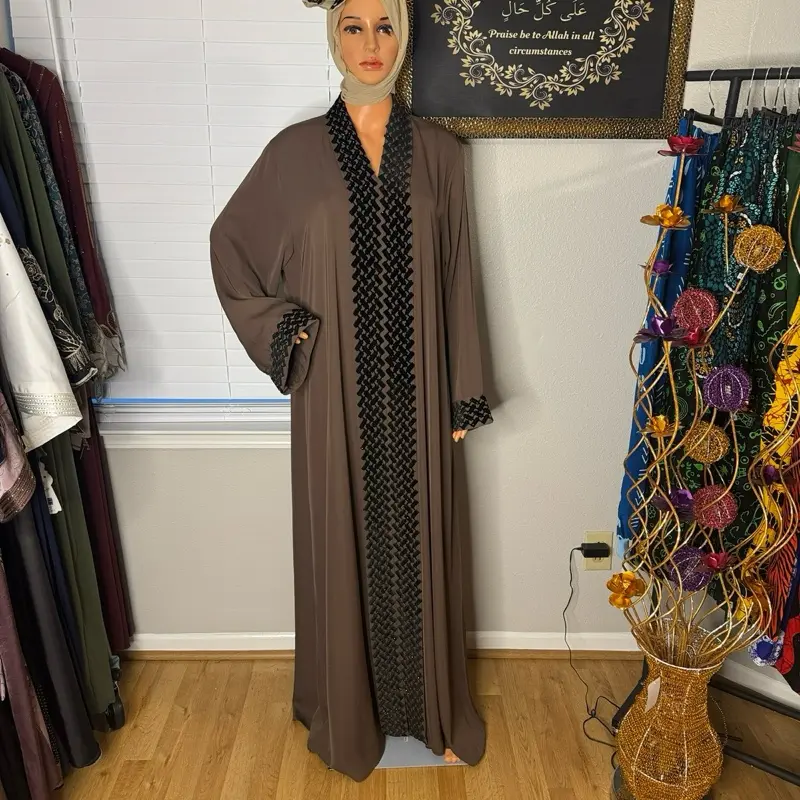 Women's Elegant Chocolate Brown Luxury Embroidered Abaya - Muslim Modest Fashion, Fine Details Lovers' Special Occasion Islamic Clothing, Black Embroidery