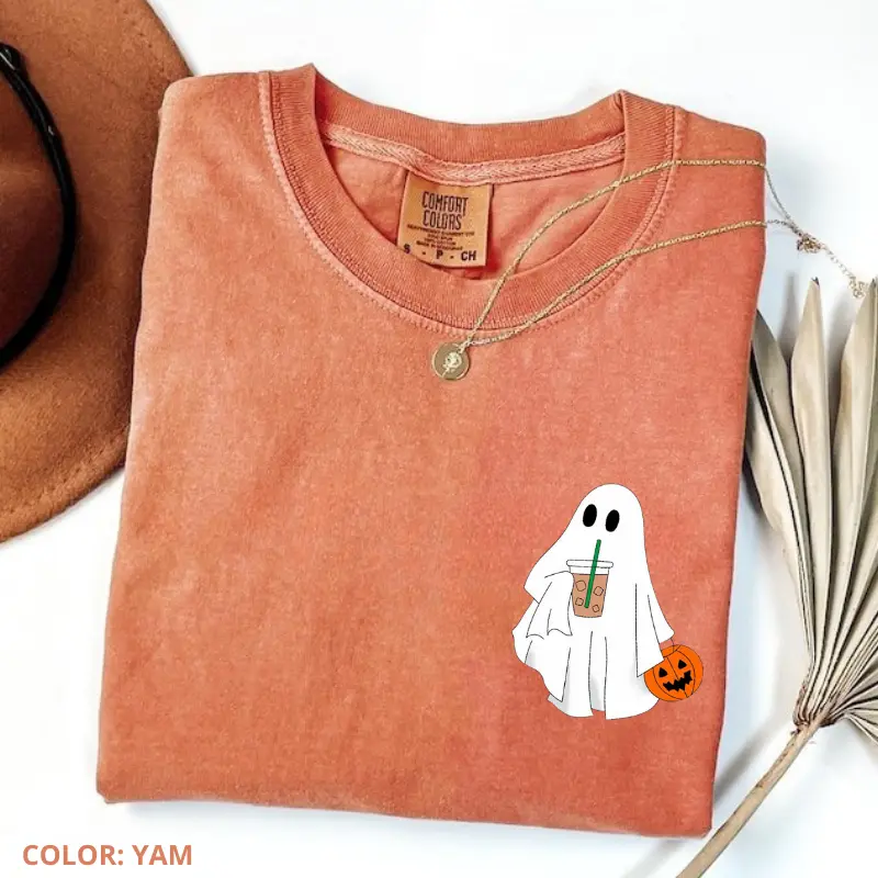 Comfort Colors Cute Ghost Iced Coffee Shirt, Spooky Coffee Lover Tee, Halloween Ghost Shirt, Fall Aesthetic Shirt, Cute Autumn Graphic Tee
