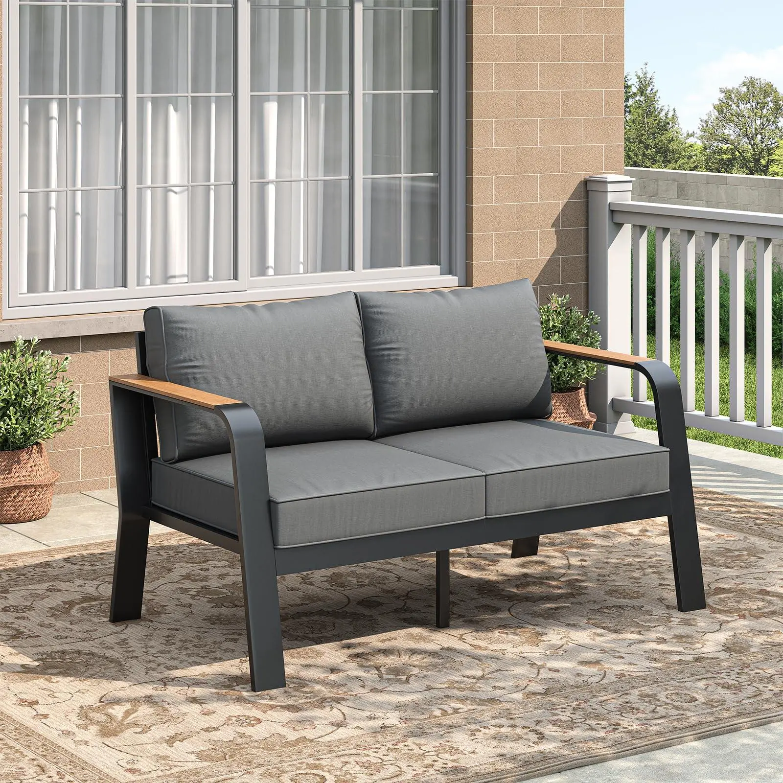 GARVEE Outdoor Loveseat Aluminum Patio Furniture Sofa | All-Weather Metal Outdoor Couch with Cushions Modern Outdoor 2 Seats Sofa for Garden, Balcony, Deck, Backyard, Dark Grey