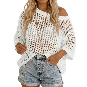 Women's Crochet Hollow Out Knit Top Sexy Oversized Mesh Net Sweater Casual Off the Shoulder Raglan Sleeve Summer Beach Cover Up Knitwear Womenswear
