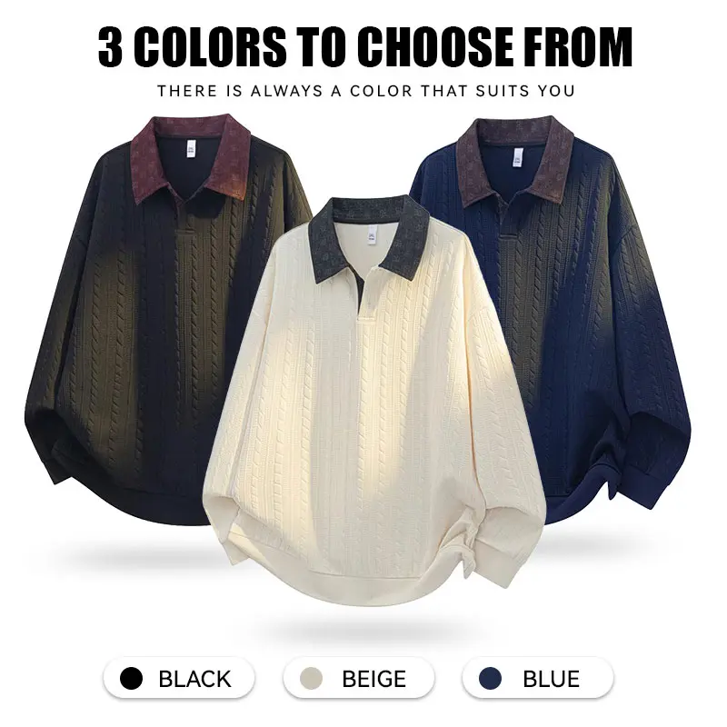 Men's 2-Tone Striped Knit Long-Sleeve Polo Shirt Set, Stylish Business Casual Comfortable-Fit Top, Ideal Gift for Husband, Men's Stripe Polo Shirts