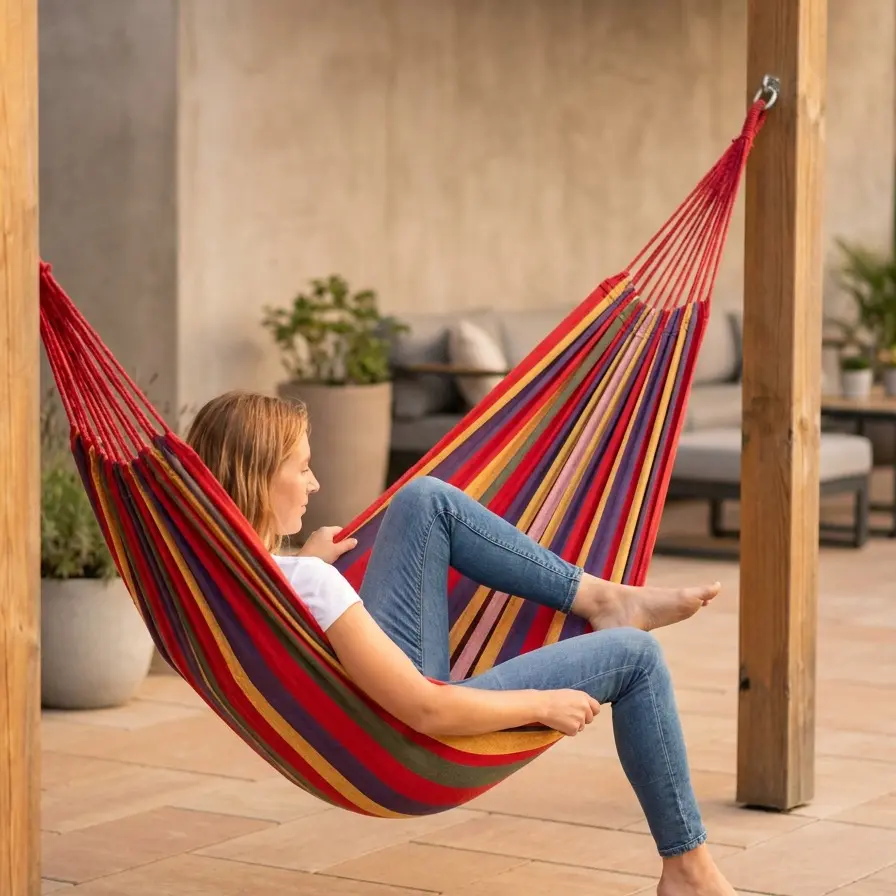 Unisex Foldable Large Spacious Outdoor Portable Hammock (200x150cm) - Soft Stripe Canvas Hammock with Carry Bag, Tree Straps for Camping, Patio Relaxation