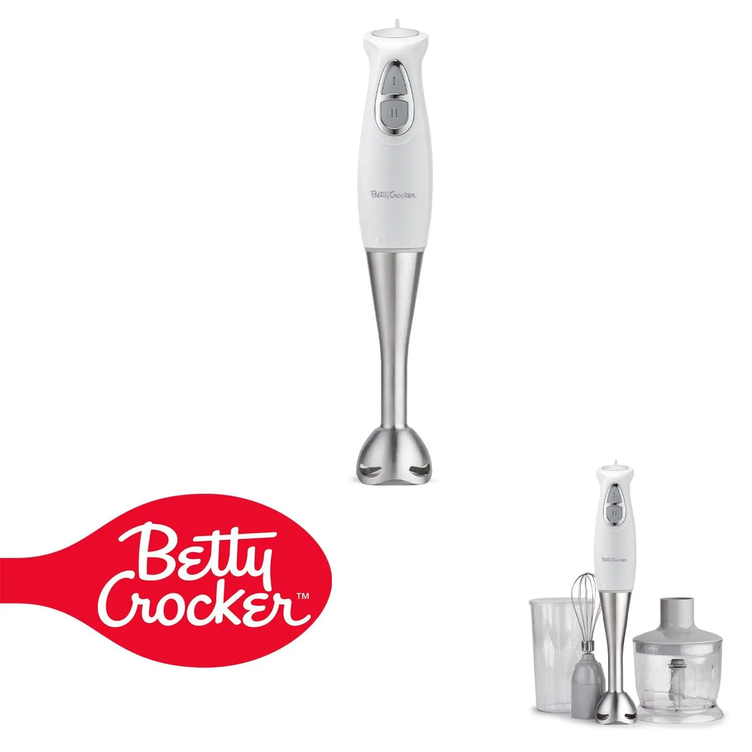 Betty Crocker 2-Speed Adjustable Speed Immersion Blender - 250W Electric Handheld, Stainless Steel Blade, 600ml Beaker, Whisk Attachment, Ergonomic Handle, Chop Puree, Emulsifying, Easy to Clean for Home Kitchen