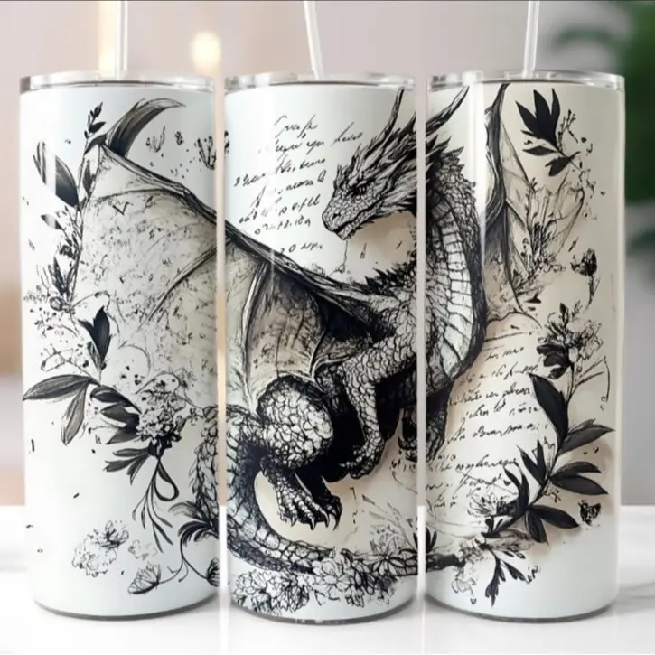 20 oz Stainless Steel Insulated Skinny Tumbler - Portable Vacuum Flask, Reusable Water Bottle with Dragon Design