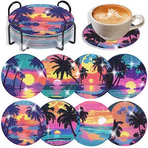 8 pieces, DIY diamond painting coaster kit, tropical beach sunset theme, coffee coaster DIY kit, holiday and party decoration, great gift, suitable for diamond painting art enthusiasts, includes storage rack and cork mat