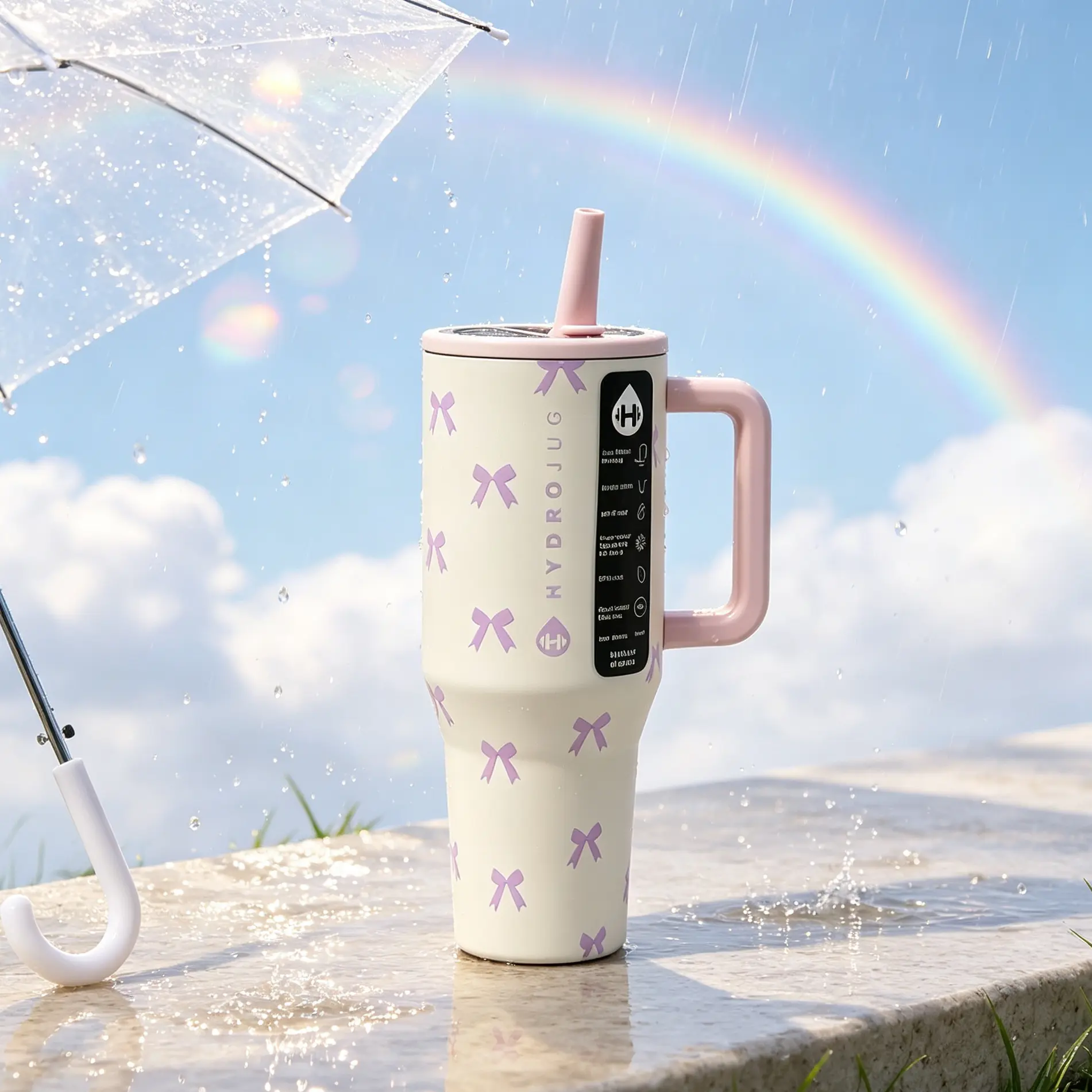 HydroJug 40oz Bow Print Tumbler with Handle & Straw, Insulated Stainless Steel Travel Mug, Leakproof Reusable Water Cup for Car, Office, Outdoor Sports