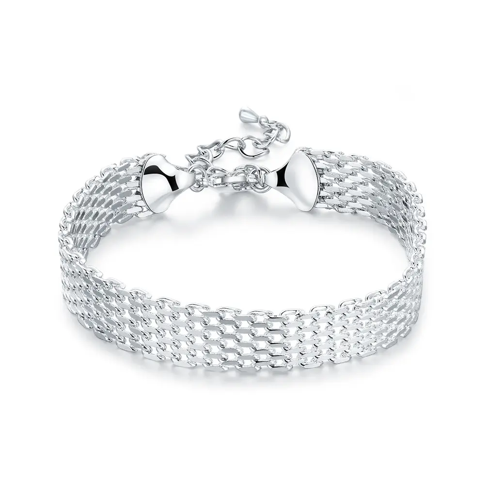 Women's S925 Sterling Silver Dense Mesh Band Bracelet - 20cm/7.87in, Vintage Boho Victoria Style, Heart Toggle Clasp, Wavy Scalloped Edges, Reflective Polished Finish, Hypoallergenic Nickel-Free Luxury Silver Bracelets & Bangles, Easter Gift for Adults, H
